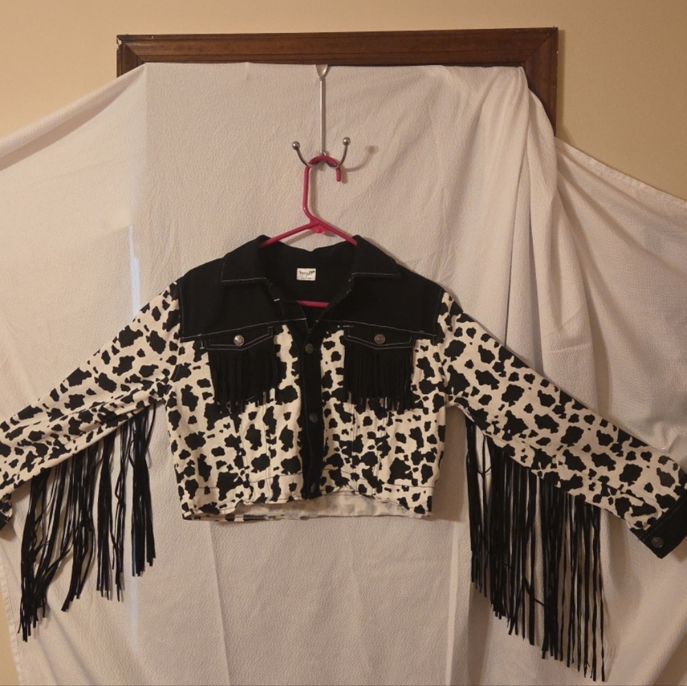 Spirit Black and White Cow Print Fringe Jacket